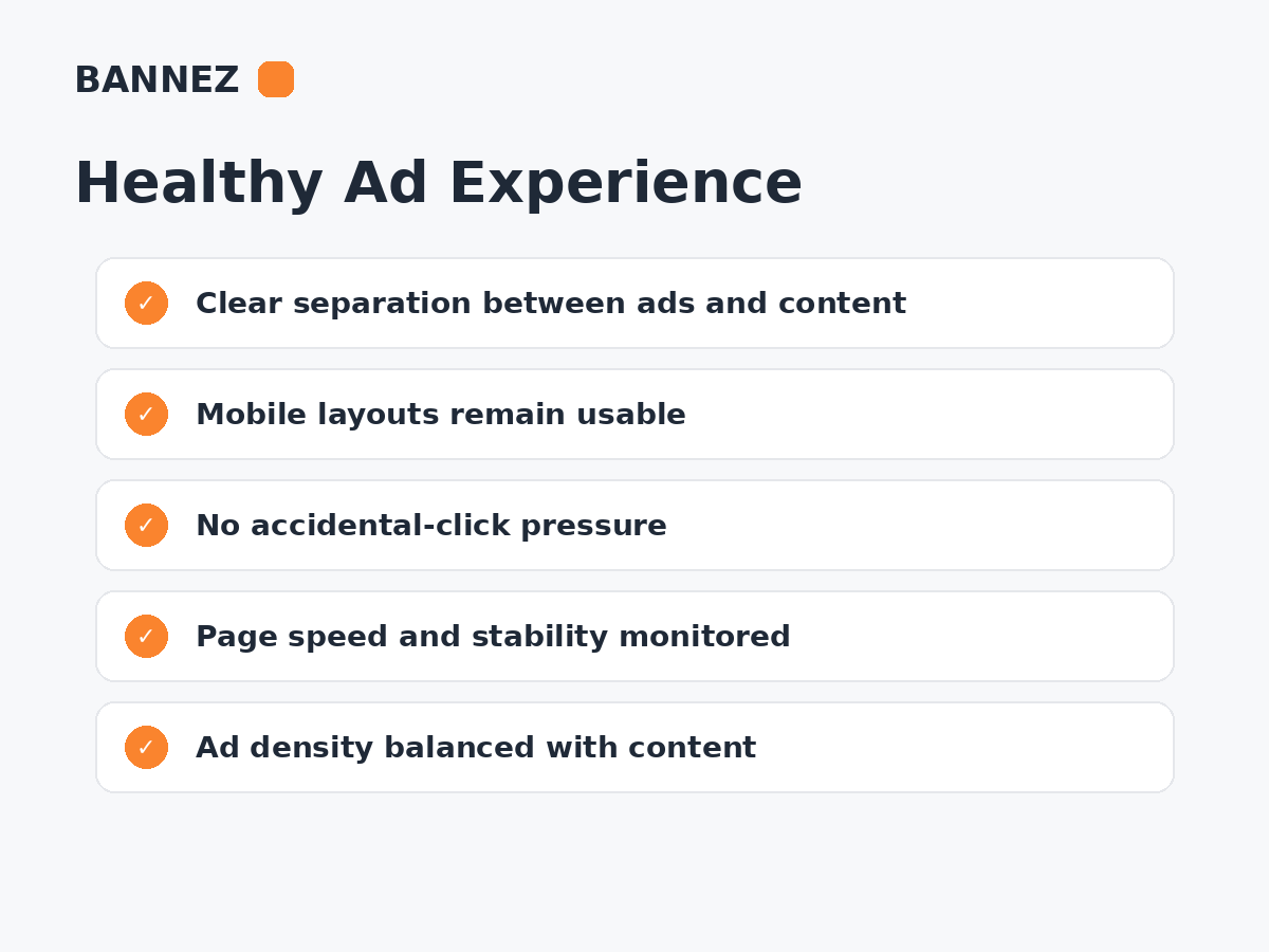 Healthy ad experience infographic showing ad density, mobile usability, clear separation and performance checks