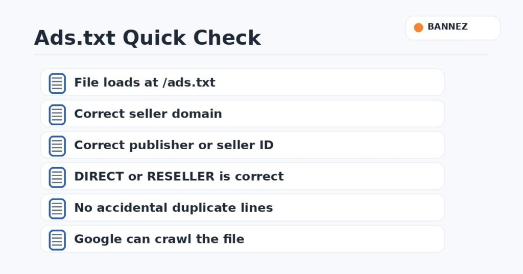 Ads.txt quick check for file location seller ID relationship type and crawl status