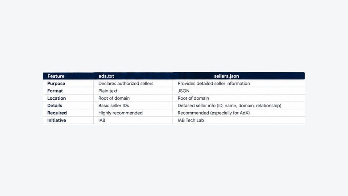 Ads.txt and sellers.json key differences comparison table