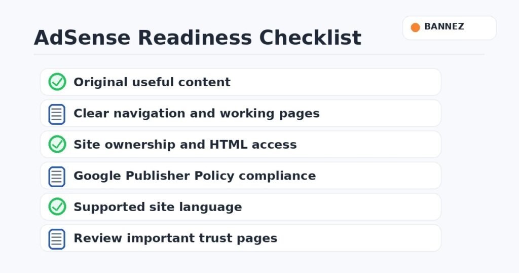 AdSense readiness checklist covering content navigation ownership policy and language