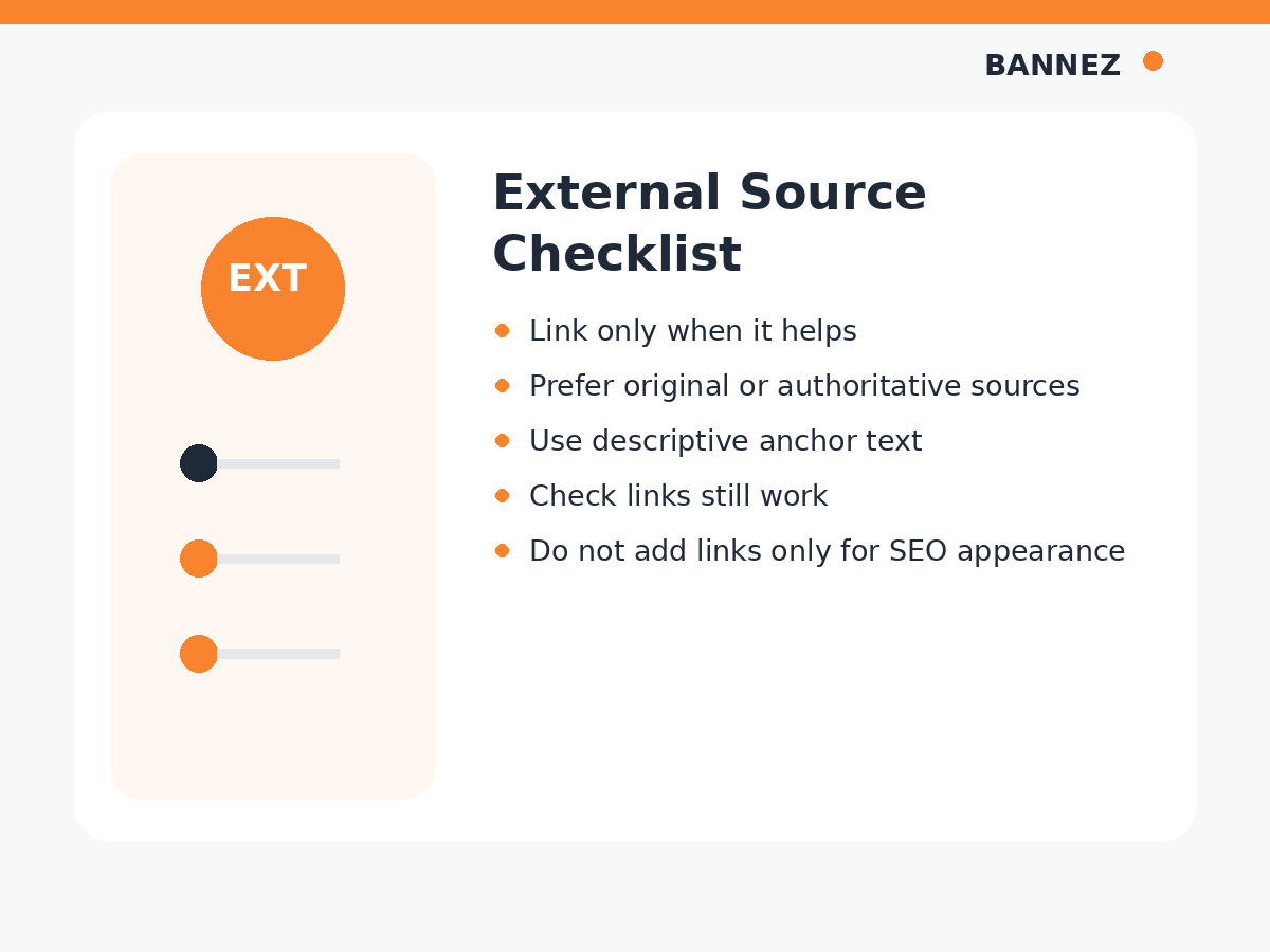 Authority external links checklist visual showing trusted sources, descriptive anchor text, relevance and link review