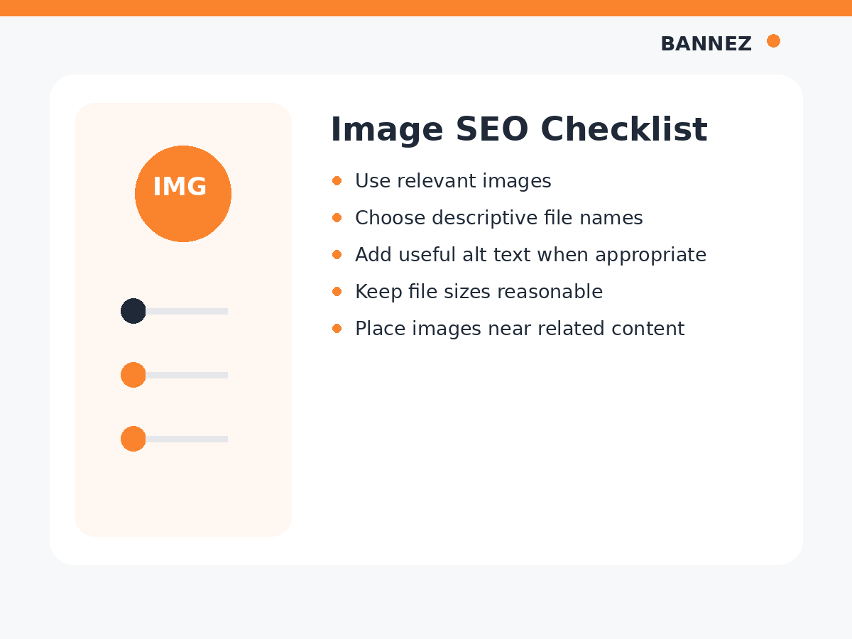 Blog image SEO checklist visual covering relevance, descriptive filenames, alt text, compression and page context