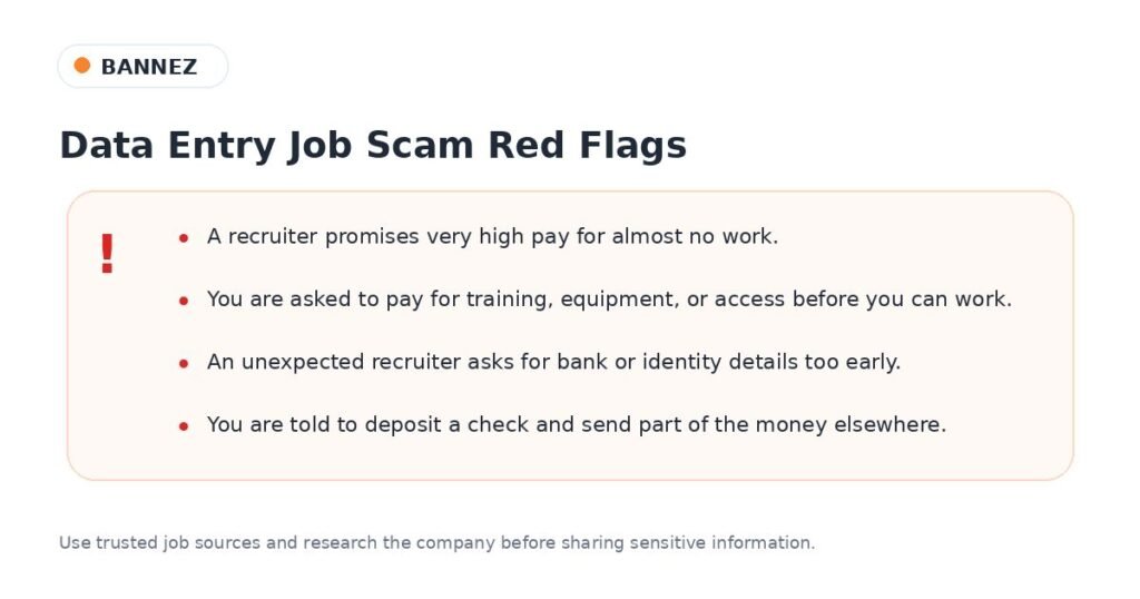 Data entry side hustle scam warning signs including upfront fees and fake high pay