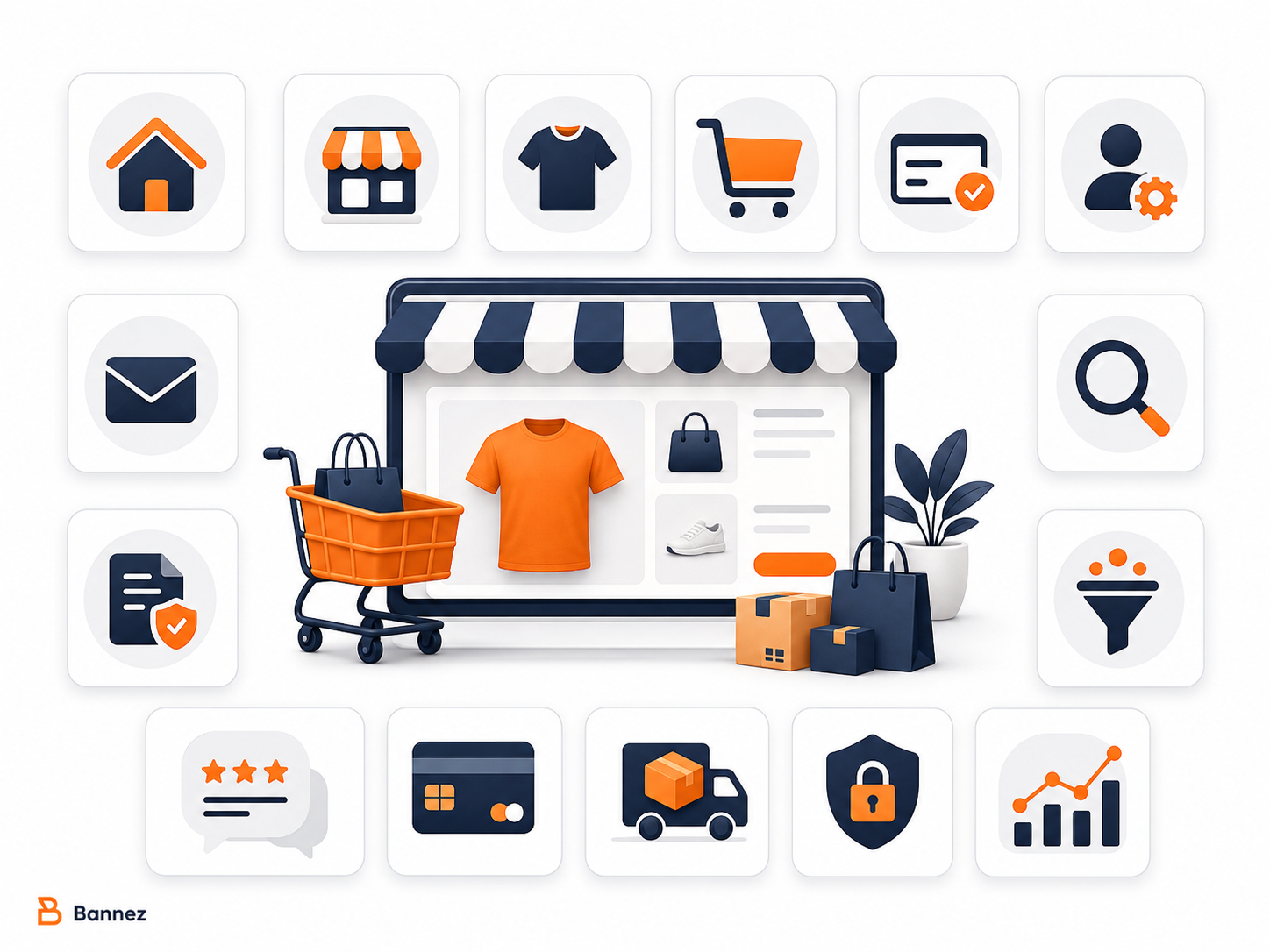 Ecommerce store pages products orders customers and feature components
