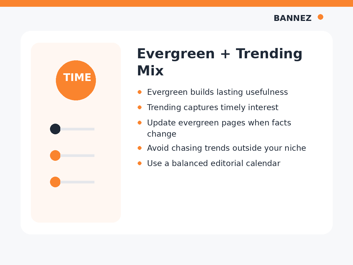 Evergreen versus trending content visual comparing long-term usefulness, timely interest, update needs and content mix
