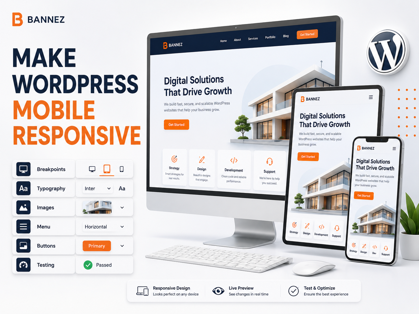 WordPress website adapting across desktop tablet and mobile with responsive design controls