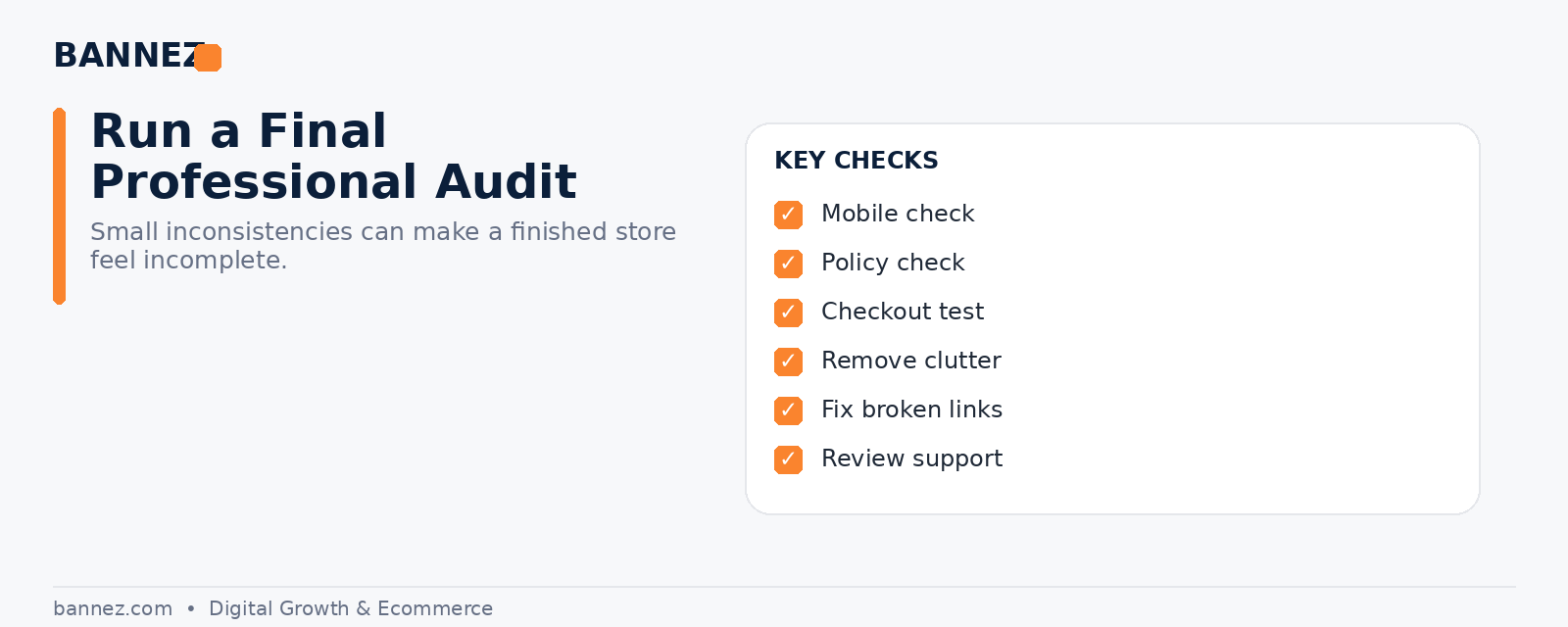 Professional Shopify final audit visual for mobile checkout policies support and customer journey review