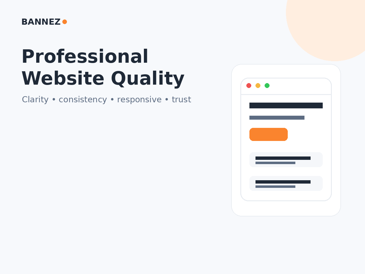 Professional website quality infographic showing clarity consistency responsive design and trust