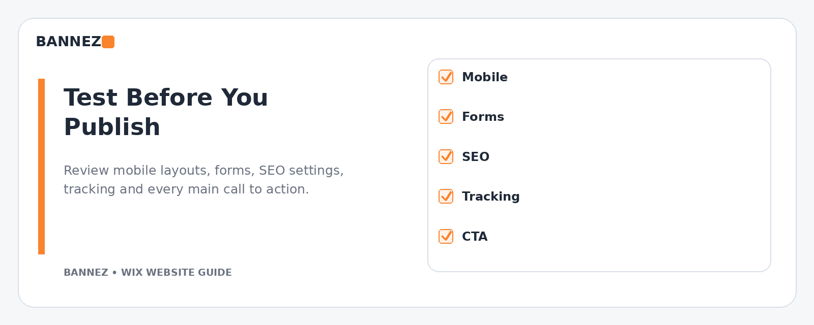 Professional Wix business website launch visual for mobile testing forms SEO analytics and final quality review