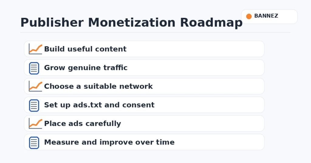 Publisher monetization roadmap from useful content and genuine traffic to ad setup and optimization