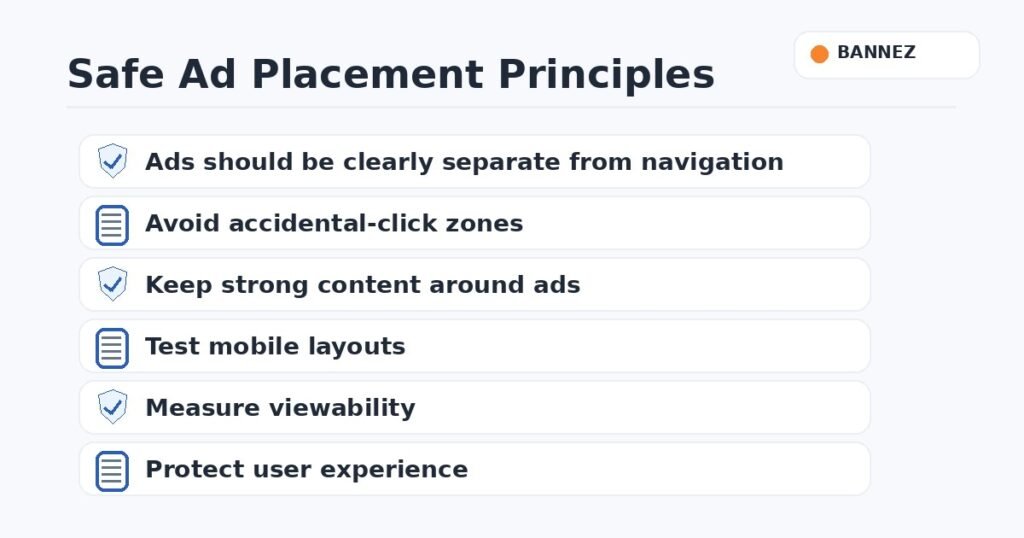 Safe website ad placement principles for viewability user experience and accidental click prevention