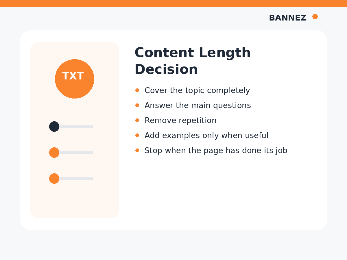 SEO content length decision visual showing complete topic coverage, useful detail, repetition removal and no fixed word count rule