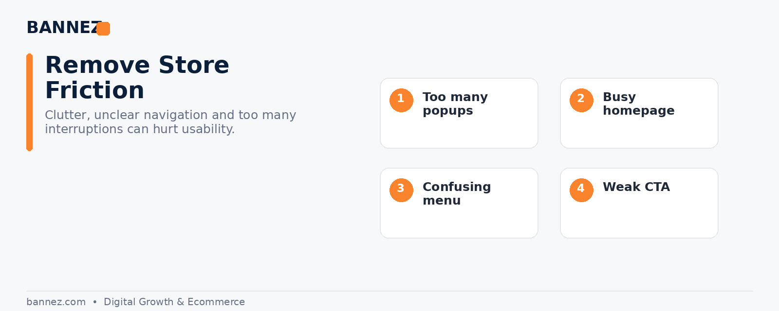 Shopify design mistakes visual showing popups busy homepage confusing navigation and weak calls to action