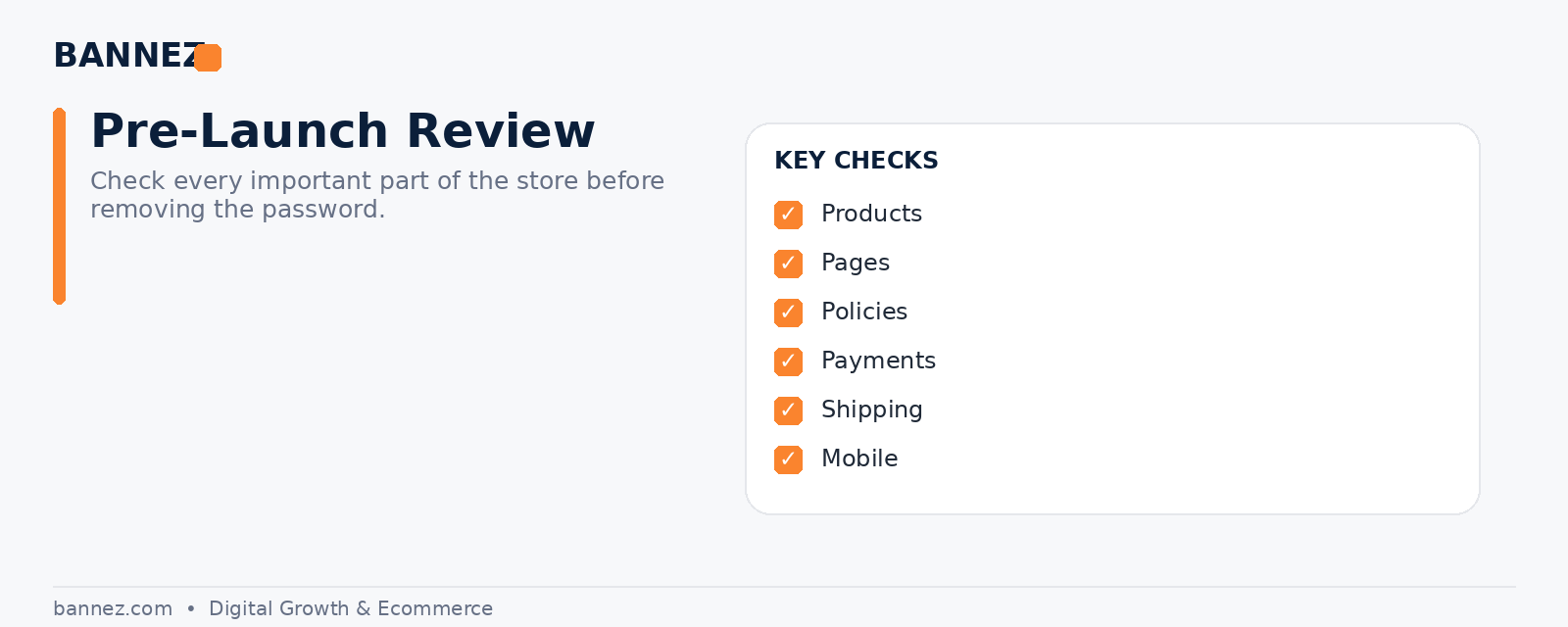 Shopify pre launch checklist visual for products navigation policies payments shipping mobile and checkout