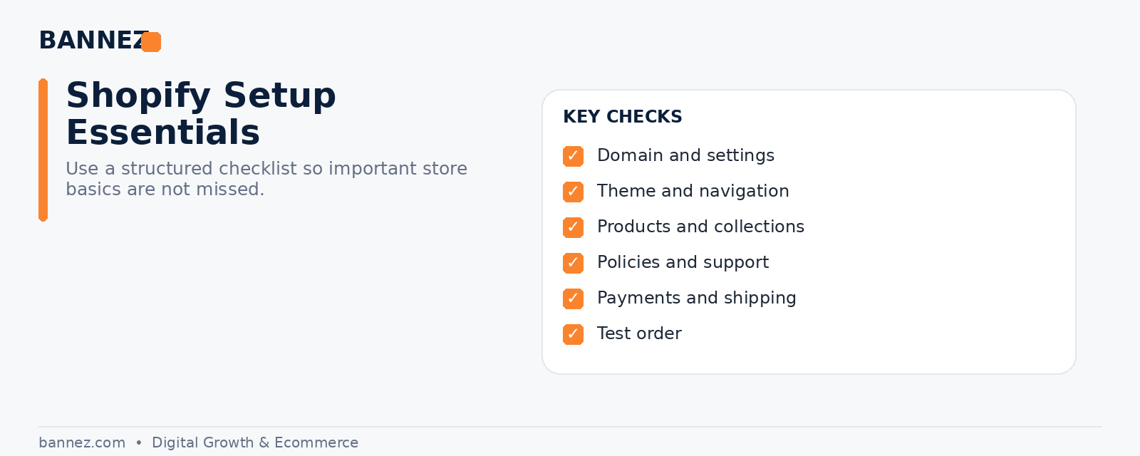 Shopify store setup checklist visual for domain theme products policies payments shipping and test order