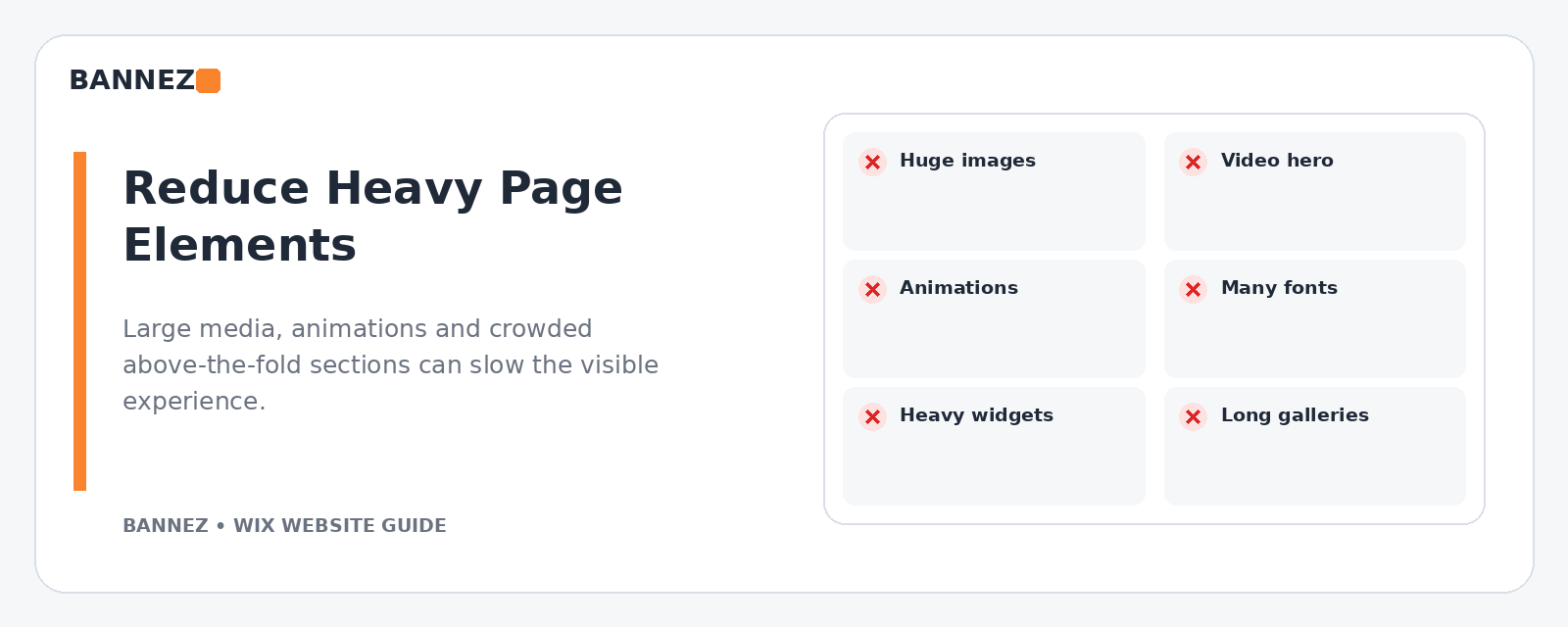 Slow Wix website visual showing heavy video galleries animations oversized media and third party scripts