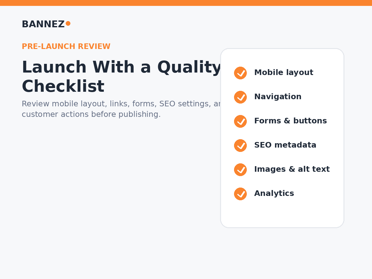 Squarespace website launch checklist visual for mobile layout navigation forms SEO metadata images and analytics