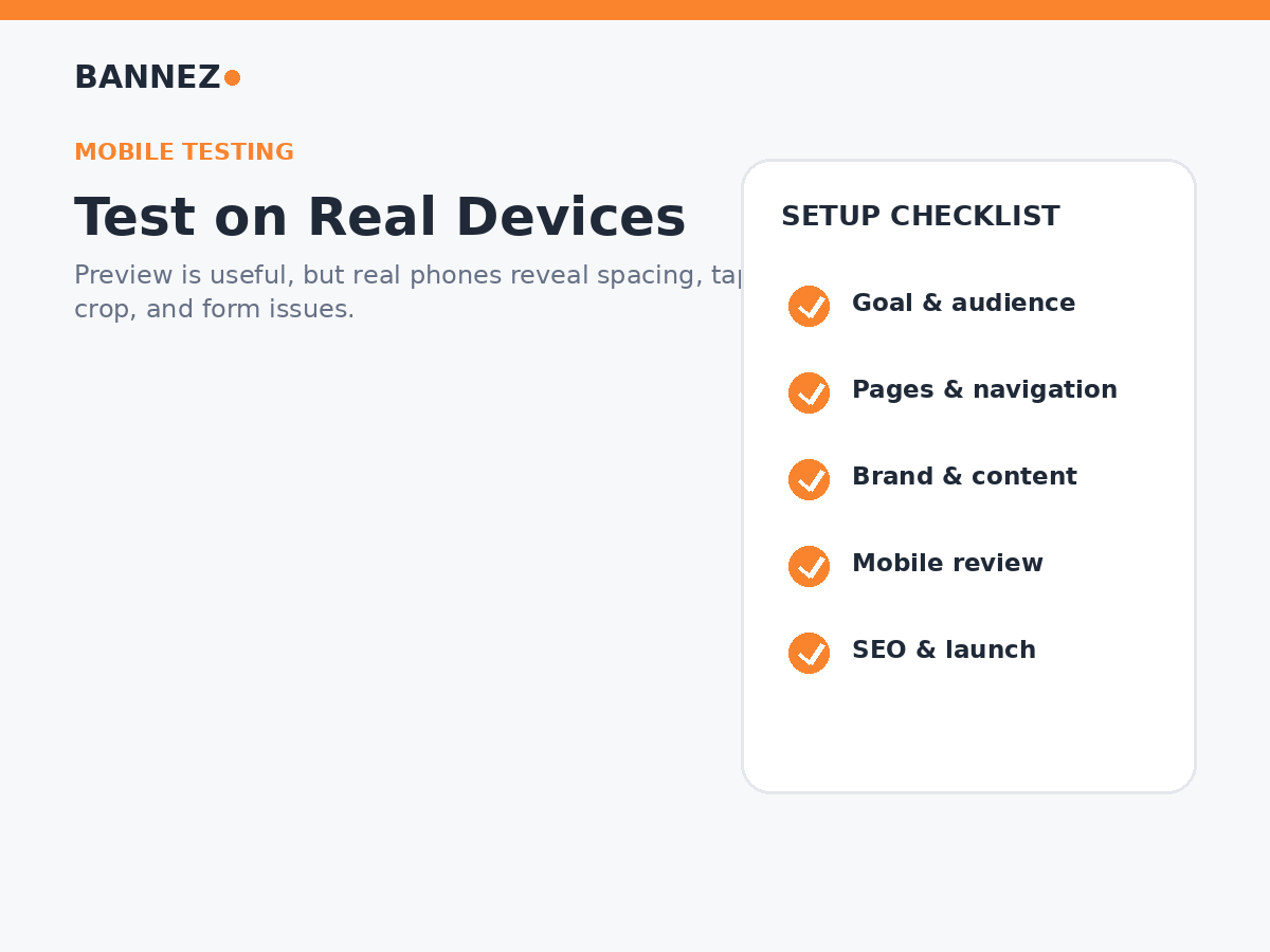 Squarespace mobile testing checklist visual for navigation forms buttons images page speed content order and real device review