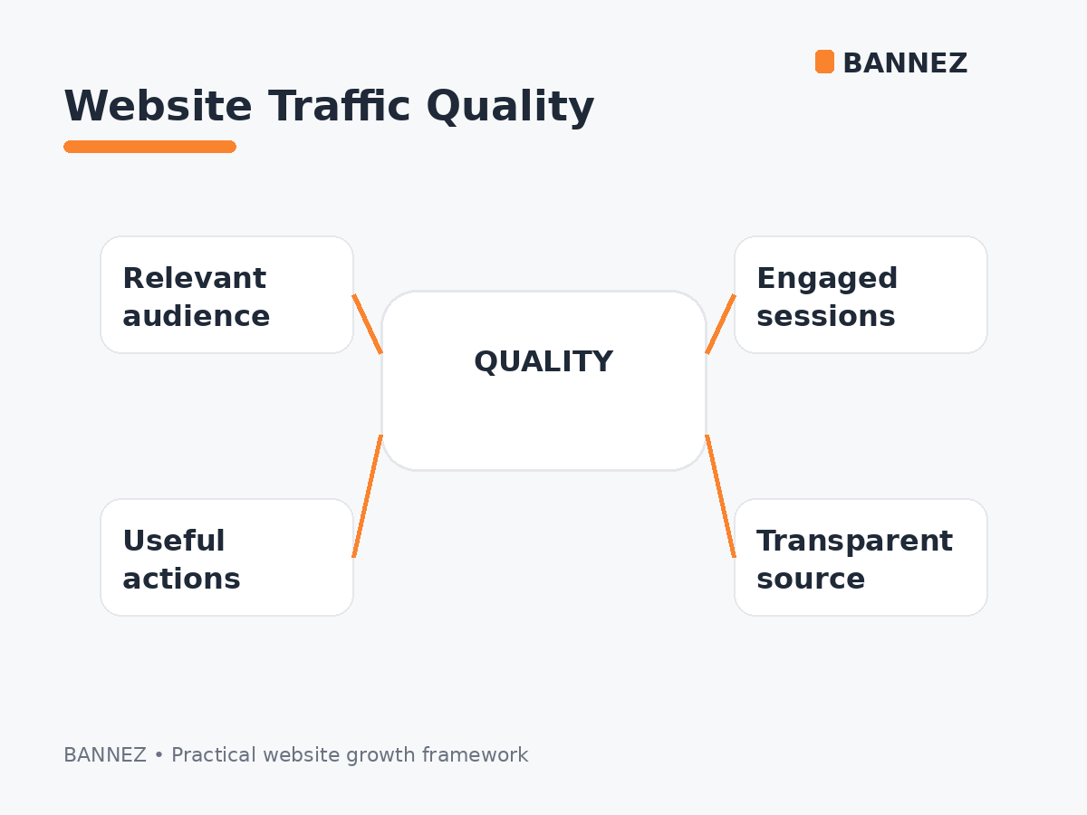 Website traffic quality visual showing relevant audience, engaged sessions, useful actions and transparent source