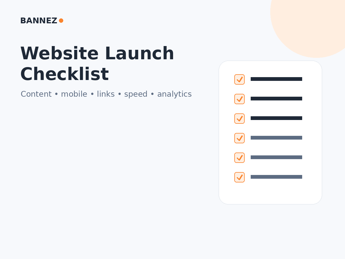 Website launch checklist infographic showing content mobile links speed security and analytics checks