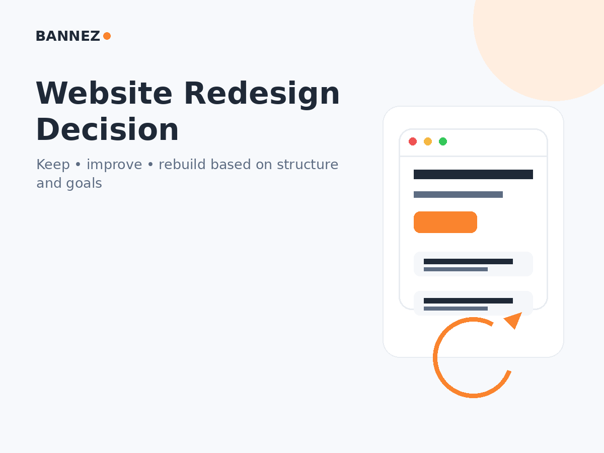 Website redesign decision infographic showing when to keep improve redesign or rebuild a website