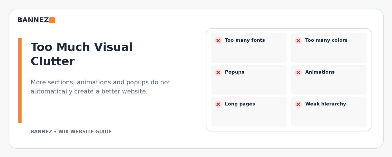 Wix design mistakes visual showing cluttered homepage too many sections popups buttons and unclear hierarchy