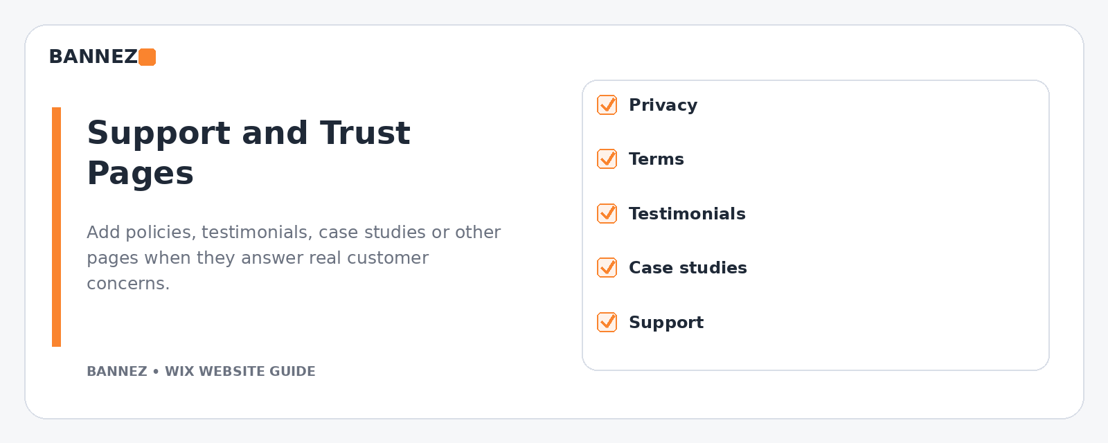 Wix business website trust pages visual for FAQ policies contact information testimonials and customer support