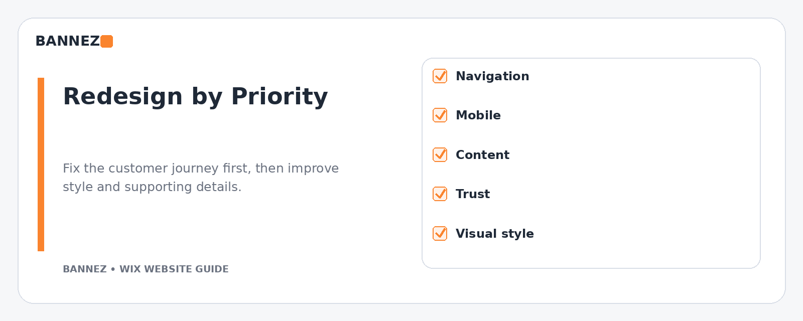 Wix website redesign priorities visual for navigation mobile content trust and visual style