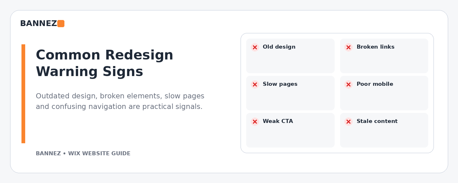 Wix website redesign warning signs including outdated design broken links slow pages poor mobile layout weak calls to action and stale content