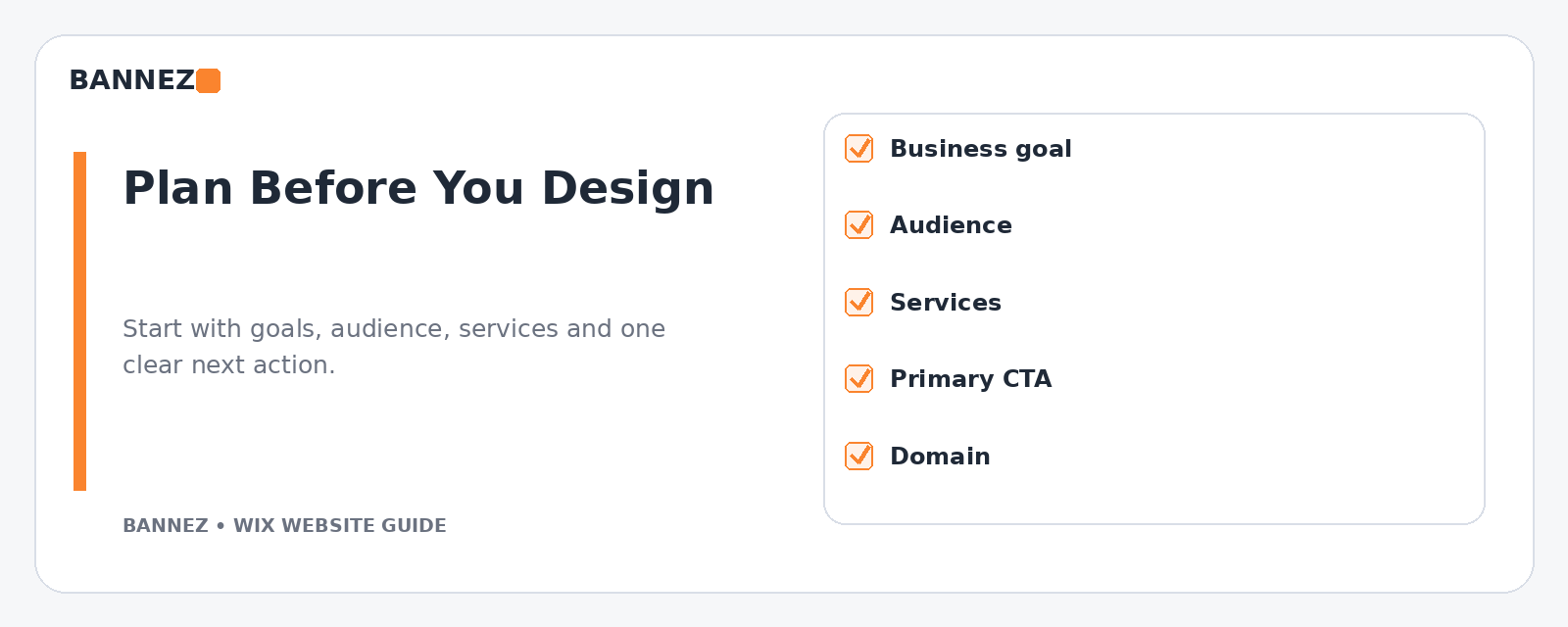 Wix small business website planning visual for business goals audience services call to action and domain