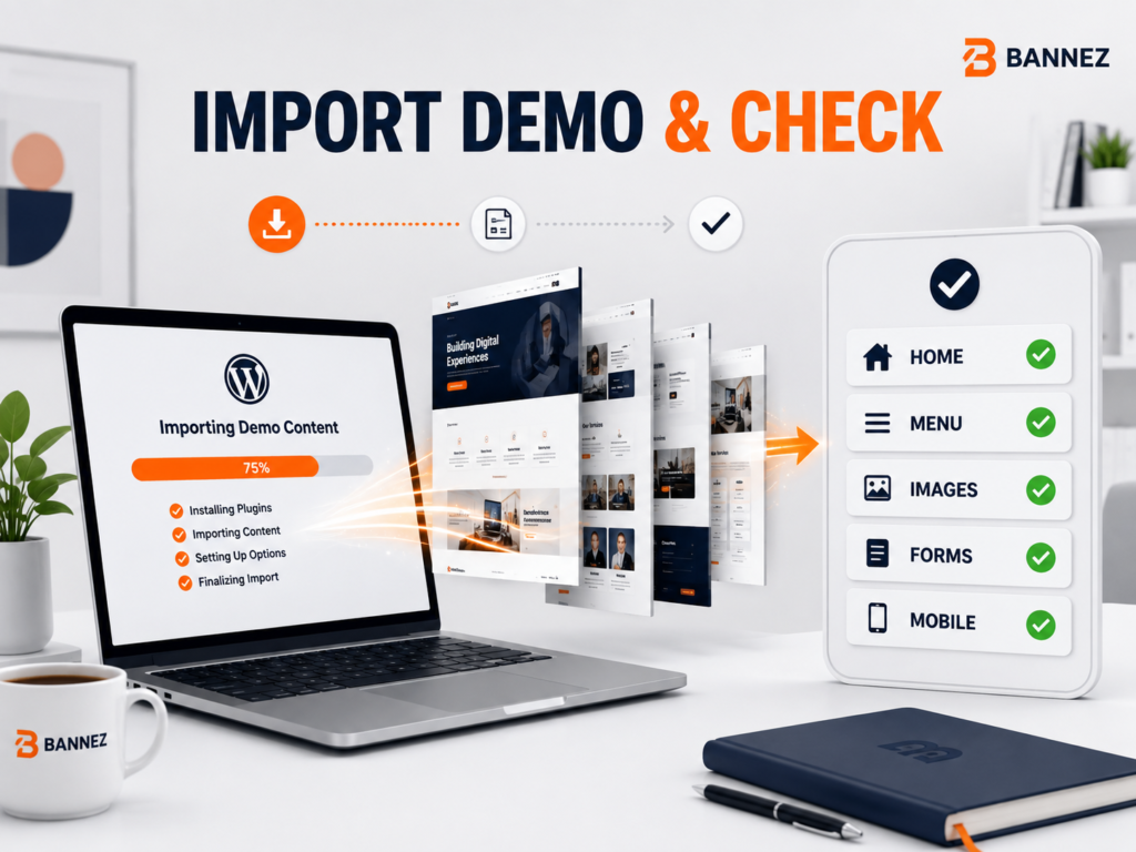 WordPress demo content import process and final checks for home menu images forms and mobile