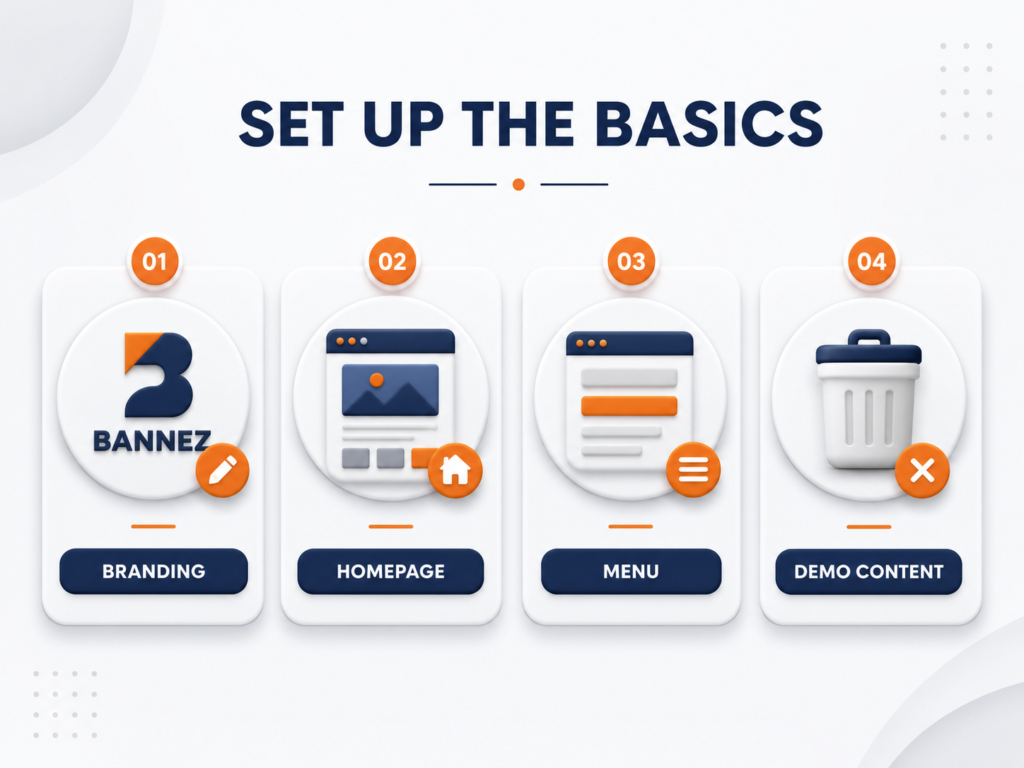 Basic WordPress setup tasks for branding homepage menu and demo content